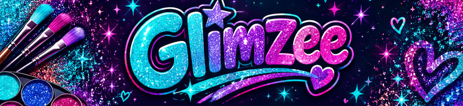 GlimZee glitter lettering with colorful paintbrushes, paints, stars, and hearts