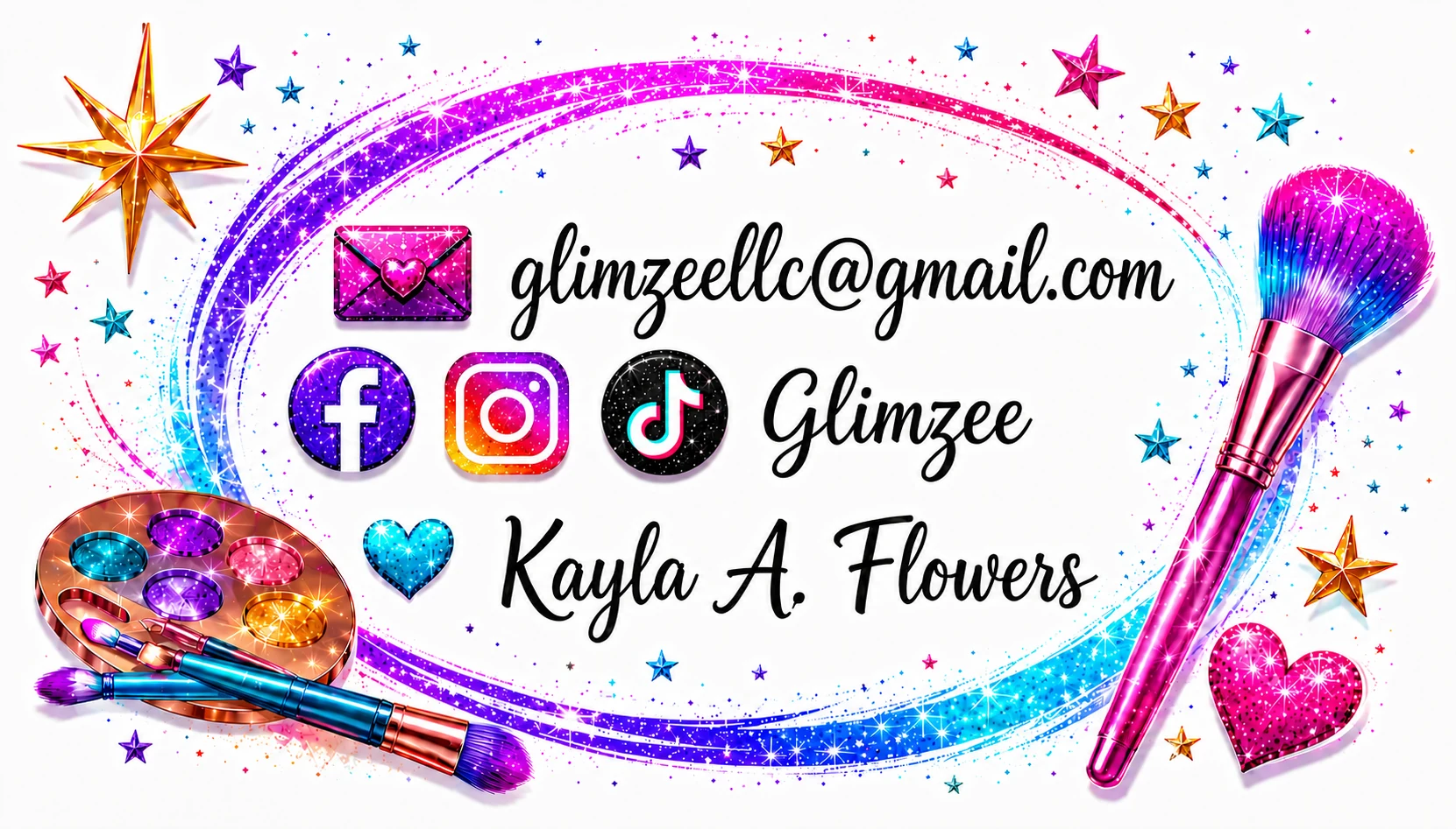 Glimzee contact artwork with email glimzeellc@gmail.com, social media icons, and artist Kayla A. Flowers