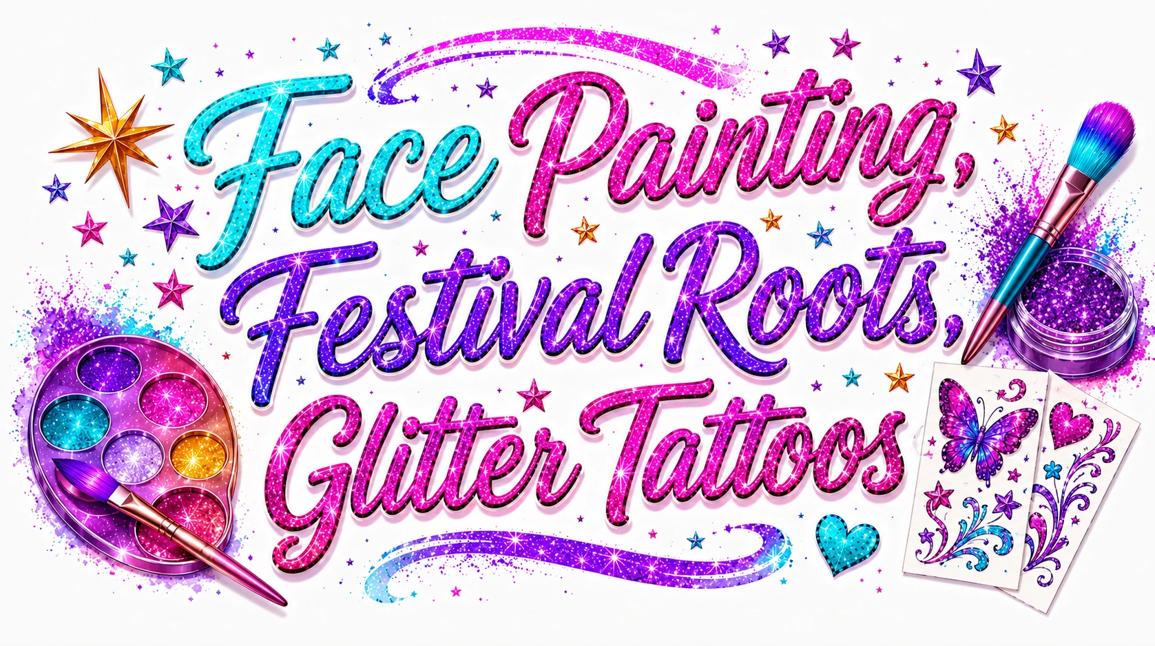 Glimzee face painting, glitter roots, and glitter tattoo artwork